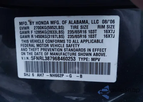 2006 Honda Odyssey Ex-L из США, поврежденный, VIN 5FNRL38796B460253